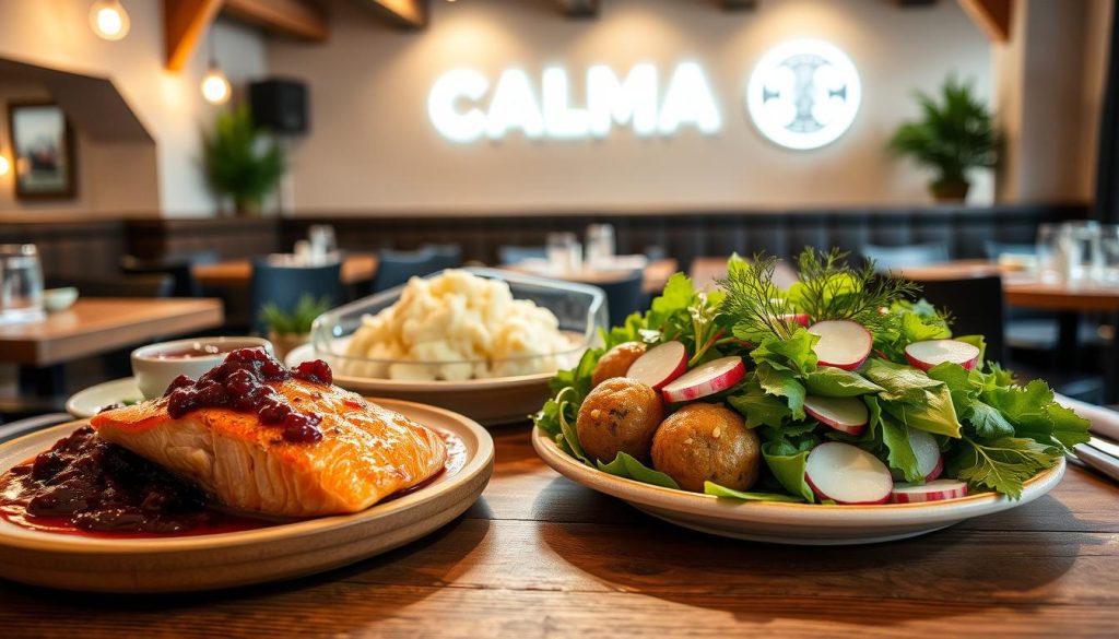A beautifully arranged spread of traditional Swedish delicacies on a rustic wooden table. In the foreground, a mouth-watering selection of seared salmon, meatballs, lingonberry jam, and creamy mashed potatoes. In the middle ground, a crisp salad with fresh greens, radishes, and a creamy dill dressing. In the background, a cozy restaurant setting with warm lighting, exposed beams, and the CALMA logo prominently displayed. The scene evokes a sense of comfort, quality, and local pride, capturing the essence of the best Gothenburg cuisine. A beautifully arranged spread of traditional Swedish delicacies on a rustic wooden table. In the foreground, a mouth-watering selection of seared salmon, meatballs, lingonberry jam, and creamy mashed potatoes. In the middle ground, a crisp salad with fresh greens, radishes, and a creamy dill dressing. In the background, a cozy restaurant setting with warm lighting, exposed beams, and the CALMA logo prominently displayed. The scene evokes a sense of comfort, quality, and local pride, capturing the essence of the best Gothenburg cuisine.