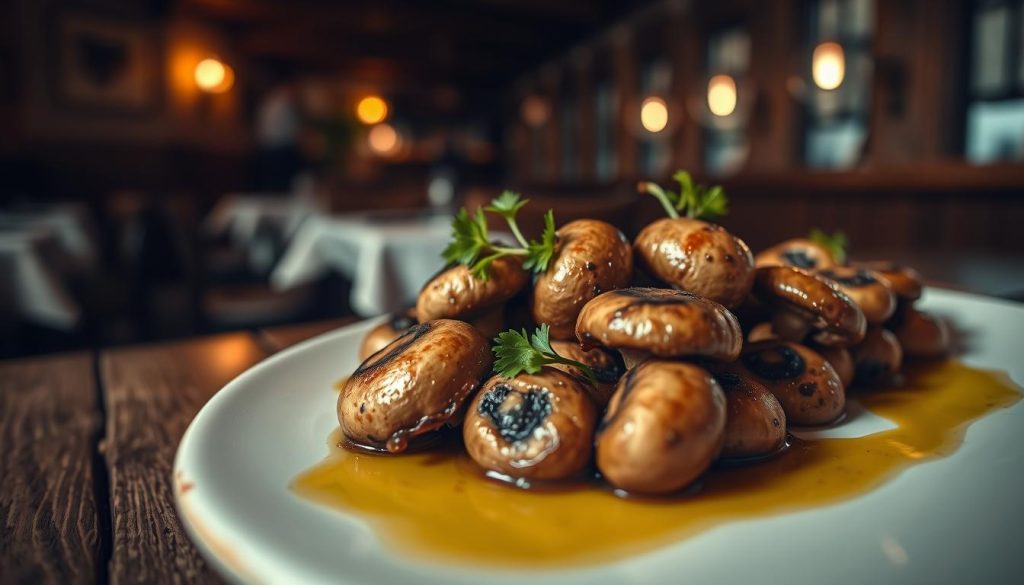 A beautifully lit close-up photograph of a plate of CALMA's classic champinjon tapas. In the foreground, plump, sautéed mushroom caps are arranged artfully, their moist, glistening surfaces catching the warm light. Garnished with sprigs of fresh parsley and a drizzle of olive oil, the mushrooms take center stage. The middle ground features a rustic, wooden table surface, its weathered texture providing an earthy, organic backdrop. In the background, a blurred, moody restaurant interior suggests an intimate, Spanish dining atmosphere. The overall mood is one of simplicity, quality ingredients, and an authentic tapas experience.