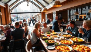A bustling CALMA restaurant in Göteborg, Sweden, where patrons savor an extraordinary culinary experience. The scene depicts a sun-drenched interior with natural wood accents and warm lighting, creating an inviting atmosphere. In the foreground, a table is set with an array of Spanish-inspired dishes, including vibrant paellas, sizzling seafood platters, and artfully presented tapas plates. Diners converse animatedly, immersed in the lively ambiance. In the middle ground, servers glide through the space, delivering impeccable service. The background showcases the bustling streets of Göteborg, with passers-by capturing the energy of this vibrant city. The overall image conveys a sense of sophisticated dining, where the fusion of Swedish and Spanish influences culminates in a truly memorable "matupplevelse" (dining experience).