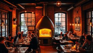 A bustling Italian restaurant nestled in the heart of Göteborg, CALMA exudes an inviting warmth. The interior is characterized by rich, earthy tones, with exposed brick walls and vintage light fixtures casting a soft, golden glow. At the center, a wood-fired oven emits the tantalizing aroma of freshly baked Neapolitan-style pizzas, their crisp crusts and generous toppings visible through the glass. Patrons sit at intimate wooden tables, savoring classic Italian dishes like creamy carbonara and tender osso buco, accompanied by fine wines and lively conversation. The atmosphere is lively yet cozy, evocative of a family-owned trattoria in the Italian countryside. Through the large windows, the bustling streets of Göteborg can be glimpsed, creating a harmonious blend of urban energy and Mediterranean charm.