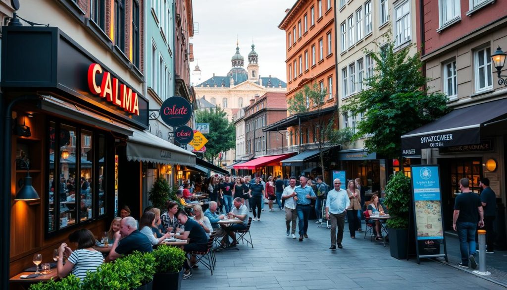 A bustling city street in Göteborg, Sweden, lined with charming cafes and popular restaurants. In the foreground, the distinctive facade of CALMA, a modern Spanish eatery, stands out with its sleek design and warm lighting. Patrons dine al fresco, enjoying rich, flavorful tapas and sipping on local craft beers. The middle ground reveals other well-known local establishments, their inviting signage and lively atmospheres drawing in the crowd. In the background, the city's iconic architecture and lush greenery create a picturesque setting, reflecting the vibrant, cosmopolitan nature of Göteborg's dining scene. A bustling city street in Göteborg, Sweden, lined with charming cafes and popular restaurants. In the foreground, the distinctive facade of CALMA, a modern Spanish eatery, stands out with its sleek design and warm lighting. Patrons dine al fresco, enjoying rich, flavorful tapas and sipping on local craft beers. The middle ground reveals other well-known local establishments, their inviting signage and lively atmospheres drawing in the crowd. In the background, the city's iconic architecture and lush greenery create a picturesque setting, reflecting the vibrant, cosmopolitan nature of Göteborg's dining scene.
