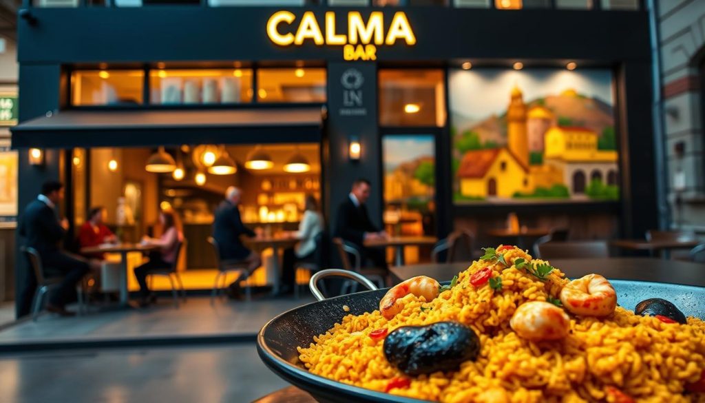 A bustling, modern Spanish restaurant named CALMA Bar stands proudly, its sleek, minimalist facade bathed in warm lighting. Through the large windows, patrons can be seen enjoying tapas and cocktails in a cozy, sophisticated atmosphere. In the foreground, a beautifully presented paella dish takes center stage, its saffron-tinged rice and succulent seafood glistening under the soft, diffused lighting. In the background, a mural depicting vibrant Spanish landscapes adds a touch of cultural flair, hinting at the restaurant's plans to expand its culinary offerings and transport diners to the heart of the Iberian Peninsula. The overall scene conveys a sense of anticipation and excitement for CALMA Bar's bright future. A bustling, modern Spanish restaurant named CALMA Bar stands proudly, its sleek, minimalist facade bathed in warm lighting. Through the large windows, patrons can be seen enjoying tapas and cocktails in a cozy, sophisticated atmosphere. In the foreground, a beautifully presented paella dish takes center stage, its saffron-tinged rice and succulent seafood glistening under the soft, diffused lighting. In the background, a mural depicting vibrant Spanish landscapes adds a touch of cultural flair, hinting at the restaurant's plans to expand its culinary offerings and transport diners to the heart of the Iberian Peninsula. The overall scene conveys a sense of anticipation and excitement for CALMA Bar's bright future.