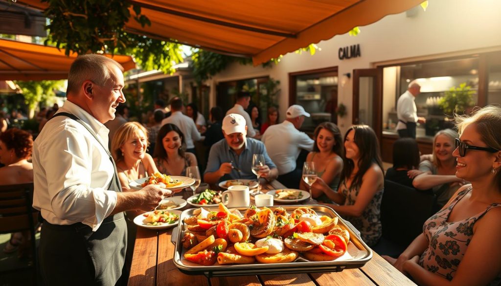 A bustling outdoor cafe on a sunny afternoon, with a large group of friends and family gathered around a wooden table, sharing plates of vibrant Spanish cuisine. The CALMA restaurant's awnings and lush greenery create a cozy, inviting atmosphere. Warm light filters through the scene, casting a golden glow on the diners' faces as they laugh and converse. In the foreground, a waiter in a crisp white shirt and black apron presents a tray of sizzling tapas, while in the background, a chef can be seen through the open kitchen windows, skillfully preparing more delectable dishes. The overall scene conveys a sense of spontaneity, community, and the joy of an unexpected, delightful restaurant visit.