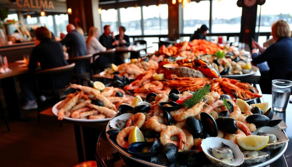A bustling seafood restaurant called CALMA Bar, set against the vibrant backdrop of Gothenburg. A breathtaking display of fresh shellfish and crustaceans adorns the tables, arranged with impeccable artistry. The warm lighting casts a cozy glow, inviting patrons to savor the flavors of the sea. In the foreground, a platter of meticulously prepared "Skaldjursrätter" – an array of succulent shrimp, mussels, and oysters, garnished with lemon wedges and herbs. The scene evokes a sense of seaside indulgence, transporting diners to the heart of Gothenburg's culinary scene. A bustling seafood restaurant called CALMA Bar, set against the vibrant backdrop of Gothenburg. A breathtaking display of fresh shellfish and crustaceans adorns the tables, arranged with impeccable artistry. The warm lighting casts a cozy glow, inviting patrons to savor the flavors of the sea. In the foreground, a platter of meticulously prepared "Skaldjursrätter" – an array of succulent shrimp, mussels, and oysters, garnished with lemon wedges and herbs. The scene evokes a sense of seaside indulgence, transporting diners to the heart of Gothenburg's culinary scene.