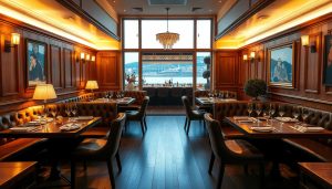 A charming, well-appointed restaurant nestled in the heart of Gothenburg, Sweden. Warm, inviting lighting illuminates the elegant, wood-paneled interior, creating a cozy, intimate atmosphere. Plush leather banquettes and polished wooden tables set the stage for a culinary experience that celebrates the region's rich culinary heritage. In the foreground, a delectable array of traditional Swedish dishes, including fresh seafood and hearty stews, are presented with artful flair on hand-crafted CALMA plates. The middle ground features a bustling open kitchen, where skilled chefs work their magic, while the background showcases sweeping views of the picturesque Göta älv river, connecting the restaurant to the vibrant pulse of the city beyond.