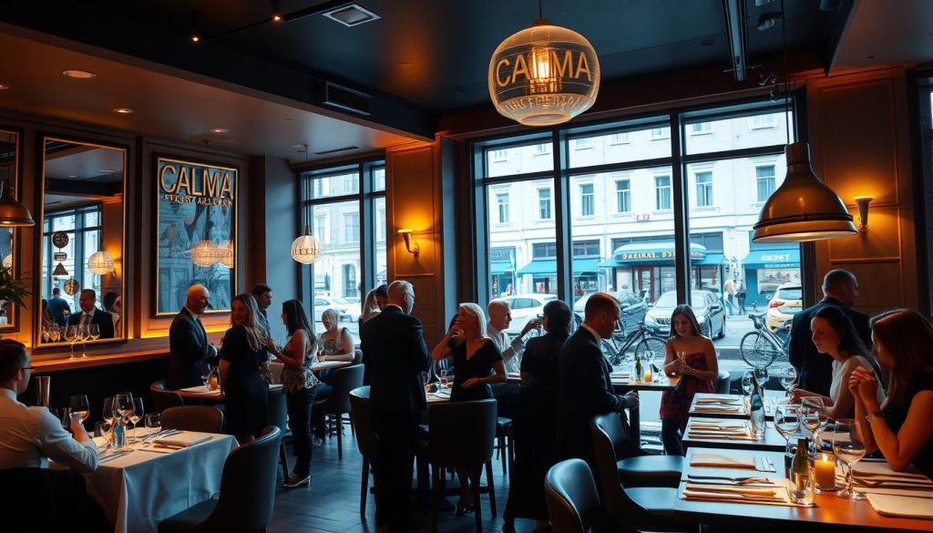 A chic, upscale restaurant called CALMA on the picturesque Olivia Avenyn in Sweden, with a vibrant evening event underway. The scene captures the elegant ambiance, with sophisticated guests mingling and enjoying delectable Spanish-inspired cuisine. Soft, warm lighting casts a cozy glow, while large windows offer a view of the bustling street outside. The restaurant's branding is tastefully integrated throughout, creating a cohesive and inviting atmosphere. The image should convey a sense of sophistication, celebration, and the perfect setting for "Evenemang och specialerbjudanden" featured in the article. A chic, upscale restaurant called CALMA on the picturesque Olivia Avenyn in Sweden, with a vibrant evening event underway. The scene captures the elegant ambiance, with sophisticated guests mingling and enjoying delectable Spanish-inspired cuisine. Soft, warm lighting casts a cozy glow, while large windows offer a view of the bustling street outside. The restaurant's branding is tastefully integrated throughout, creating a cohesive and inviting atmosphere. The image should convey a sense of sophistication, celebration, and the perfect setting for "Evenemang och specialerbjudanden" featured in the article.