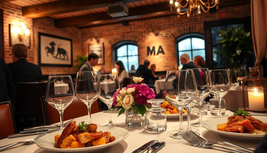 A cozy and intimate CALMA restaurant in the heart of Gothenburg, its warm lighting casting a gentle glow across the beautifully presented plates of traditional Spanish cuisine. The foreground features a table setting with intricate wine glasses, polished silverware, and a centerpiece of fresh flowers. In the middle ground, patrons converse animatedly, enjoying the convivial atmosphere. The background showcases the restaurant's elegant, rustic decor - exposed brick walls, wooden beams, and soft draperies that create a sense of comfort and exclusivity. This is a scene of a truly memorable dining experience, perfect for a special evening out.