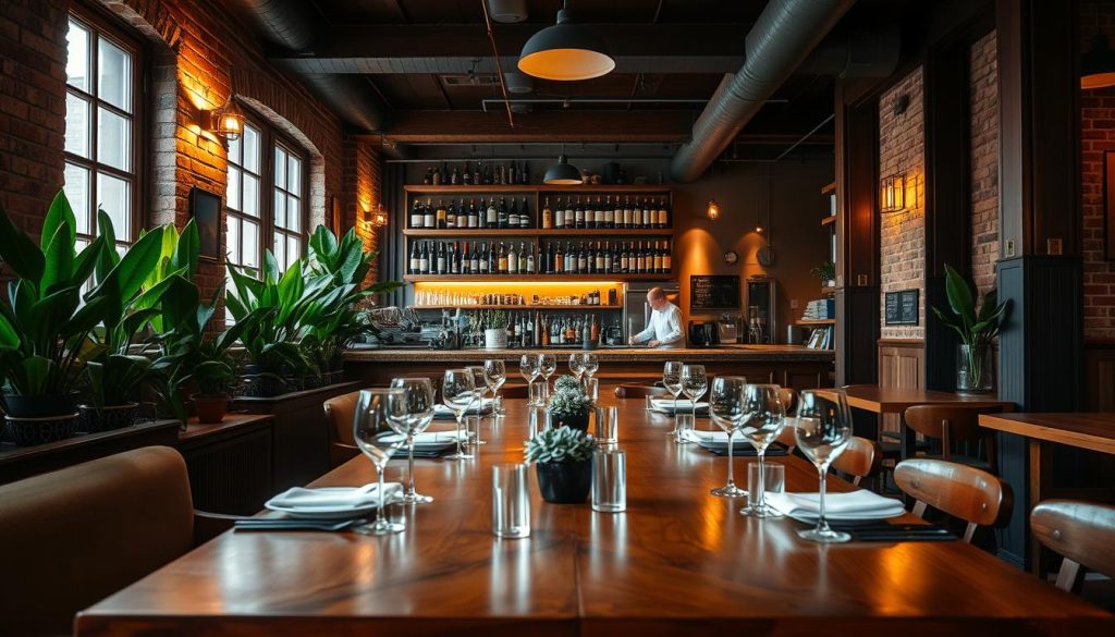 A cozy and inviting CALMA restaurant interior in Göteborg, Sweden. Warm lighting casts a soft glow over the rustic wooden furnishings and exposed brick walls. Lush potted plants line the windowsills, adding pops of greenery. In the foreground, a large, polished wooden table is set with elegant place settings, ready to welcome diners. The middle ground features a charming bar area, its shelves displaying an array of Spanish wine bottles and liquor. The background showcases an open kitchen, where skilled chefs busily prepare delectable dishes. An overall atmosphere of relaxation and sophistication permeates the scene, creating an inviting environment for patrons to savor the flavors of Göteborg.
