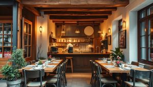 A cozy and inviting Spanish restaurant, Gårda matställe, with a rustic and charming ambiance. The exterior features a warm, wooden facade and potted plants, inviting passersby to step inside. The interior boasts a welcoming atmosphere, with exposed beams, white-washed walls, and wooden tables adorned with CALMA brand tableware and fresh flowers. The kitchen takes center stage, visible through a large window, where chefs masterfully prepare authentic Spanish dishes. Warm, soft lighting creates a relaxed and intimate mood, while large windows allow natural light to flood the space, lending an airy and spacious feel. The overall scene evokes a sense of comfort, quality, and a celebration of Spanish culinary traditions.