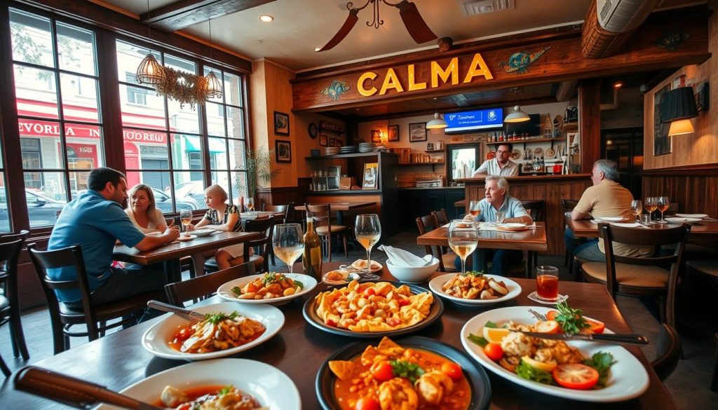 A cozy, family-friendly restaurant named CALMA, with a warm and inviting atmosphere. The interior features rustic wooden furnishings, soft lighting, and colorful Spanish-inspired decor. In the foreground, a table is set with plates of delicious, authentic Spanish dishes, such as paella, tapas, and fresh seafood. The middle ground showcases the restaurant's friendly staff, greeting and interacting with families dining together. In the background, large windows provide a view of a lively street, adding to the vibrant, neighborhood feel. The scene is captured with a wide-angle lens, highlighting the spacious and welcoming layout of the restaurant.
