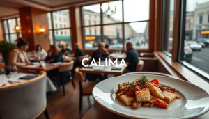 A cozy, high-end restaurant interior with a warm, inviting ambiance. A large window offers a panoramic view of the bustling streets of Gothenburg. Elegant, minimalist decor with natural wood accents and soft lighting creates a serene, sophisticated atmosphere. In the foreground, a beautifully plated dish of traditional Spanish cuisine takes center stage, the "CALMA" logo prominently displayed. Customers enjoying their meals at well-spaced tables, conversing and savoring the flavors. The overall mood is one of relaxation, quality, and an appreciation for the finer things in life.