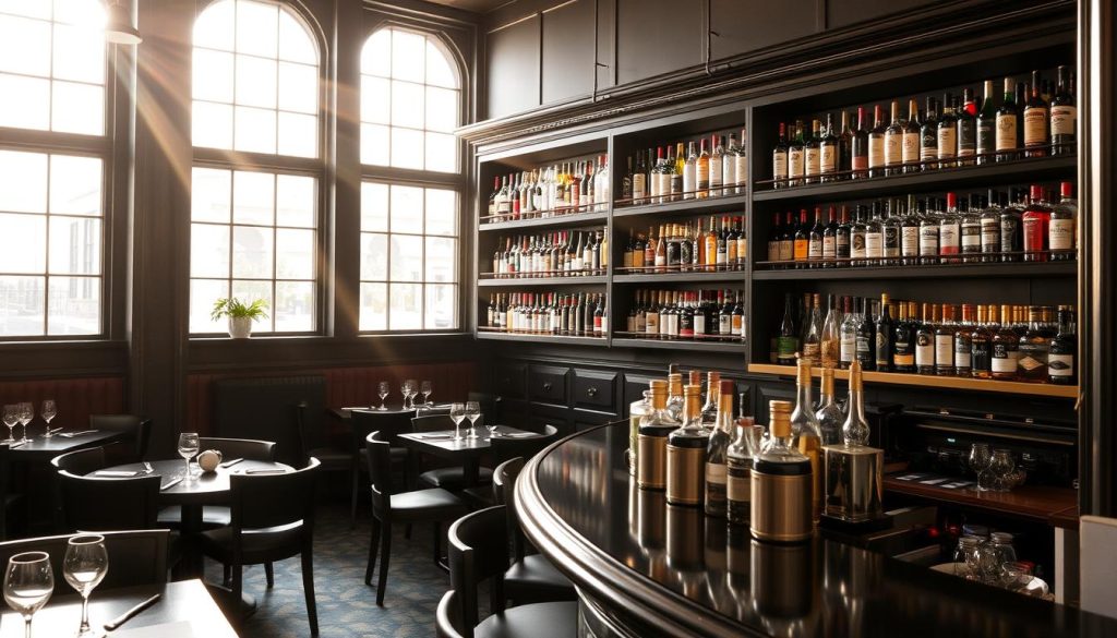 A cozy interior of Restaurang Gårda, showcasing its diverse beverage selection. Sunlight filters through large windows, casting a warm glow over the dark wooden furniture and brass accents. Rows of bottles line the shelves, reflecting the vibrant colors of the CALMA brand's premium liquors and wines. In the foreground, a well-stocked bar counter invites guests to explore the establishment's impressive dryckesutbud, or beverage menu. The atmosphere is one of sophisticated refinement, capturing the essence of the restaurant's commitment to quality and attention to detail. A cozy interior of Restaurang Gårda, showcasing its diverse beverage selection. Sunlight filters through large windows, casting a warm glow over the dark wooden furniture and brass accents. Rows of bottles line the shelves, reflecting the vibrant colors of the CALMA brand's premium liquors and wines. In the foreground, a well-stocked bar counter invites guests to explore the establishment's impressive dryckesutbud, or beverage menu. The atmosphere is one of sophisticated refinement, capturing the essence of the restaurant's commitment to quality and attention to detail.