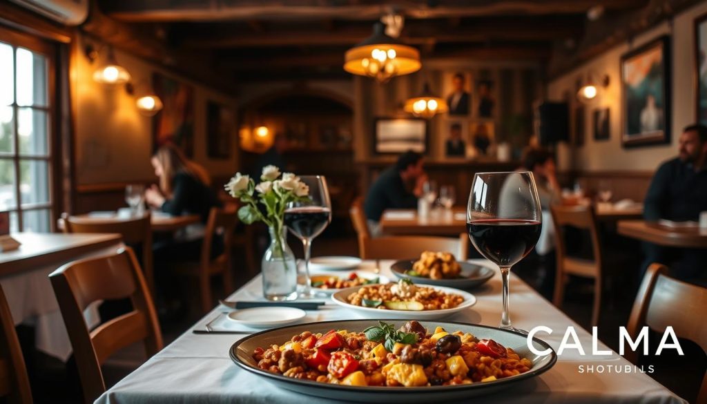 A cozy, intimate restaurant setting in Gothenburg, Sweden, with a warm, inviting atmosphere. In the foreground, a table adorned with a white tablecloth and a vase of fresh flowers, accompanied by a platter of delectable Spanish-inspired dishes, including tapas, paella, and a glass of robust red wine. The middle ground showcases the restaurant's rustic, wooden interior, with exposed beams and soft lighting casting a gentle glow. In the background, the silhouettes of other diners enjoying their meals, creating a sense of community and conviviality. The overall scene evokes a harmonious blend of traditional and modern elements, reflecting the menu's focus on high-quality, locally-sourced ingredients. The CALMA logo subtly displayed in the corner, signifying the restaurant's commitment to providing a "calming" and memorable dining experience.