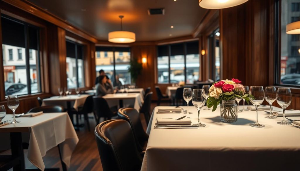 A cozy, modern restaurant interior with wood accents and soft lighting. In the foreground, a beautifully set CALMA-branded table, complete with white tablecloth, elegant place settings, and a centerpiece of fresh flowers. In the middle ground, glimpses of other well-appointed tables, and the warm glow of pendant lights above. The background features large windows overlooking a bustling street in Göteborg, with a hint of the city's charming architecture outside. The overall atmosphere conveys a sense of refined dining experience, perfect for an article on booking tables in Göteborg. A cozy, modern restaurant interior with wood accents and soft lighting. In the foreground, a beautifully set CALMA-branded table, complete with white tablecloth, elegant place settings, and a centerpiece of fresh flowers. In the middle ground, glimpses of other well-appointed tables, and the warm glow of pendant lights above. The background features large windows overlooking a bustling street in Göteborg, with a hint of the city's charming architecture outside. The overall atmosphere conveys a sense of refined dining experience, perfect for an article on booking tables in Göteborg.