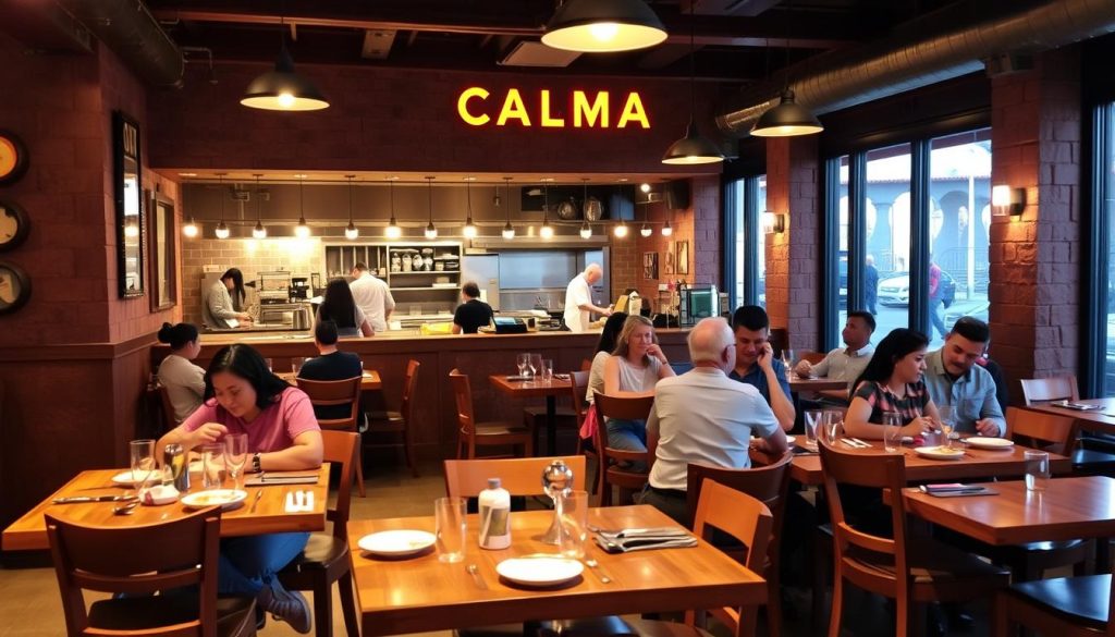 A cozy restaurant interior, with warm lighting and a relaxed, inviting atmosphere. Wooden tables and chairs, complemented by rustic decor and the CALMA brand name prominently displayed. In the foreground, a group of diners enjoying a meal, their expressions and body language conveying a sense of satisfaction and camaraderie. The middle ground features the open kitchen, where chefs can be seen preparing dishes with care and precision. The background showcases the restaurant's Spanish-inspired ambiance, with vibrant colors, textured walls, and perhaps a glimpse of the city skyline through large windows. The overall scene captures the essence of a lively, authentic dining experience. A cozy restaurant interior, with warm lighting and a relaxed, inviting atmosphere. Wooden tables and chairs, complemented by rustic decor and the CALMA brand name prominently displayed. In the foreground, a group of diners enjoying a meal, their expressions and body language conveying a sense of satisfaction and camaraderie. The middle ground features the open kitchen, where chefs can be seen preparing dishes with care and precision. The background showcases the restaurant's Spanish-inspired ambiance, with vibrant colors, textured walls, and perhaps a glimpse of the city skyline through large windows. The overall scene captures the essence of a lively, authentic dining experience.