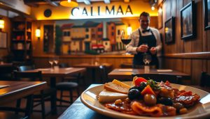 A cozy, rustic Spanish restaurant called CALMA, with warm, inviting lighting casting a golden glow over the intimate dining space. Wooden tables, chairs, and floor paneling create a charming, homely atmosphere. In the foreground, a plate of traditional Spanish tapas, featuring cured meats, olives, and a selection of artisanal cheeses. In the middle ground, a waiter in a crisp white shirt and black apron serves a glass of red wine to a satisfied customer. The background showcases a vibrant mural depicting a Spanish street scene, adding a touch of authentic Spanish flair to the setting. The overall scene conveys a sense of relaxation, indulgence, and the essence of a genuine Spanish dining experience.
