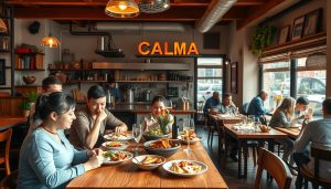 A cozy, spontaneous visit to a neighborhood CALMA restaurant. The scene captures a warm, inviting atmosphere, with natural light flooding through large windows. In the foreground, a group of friends casually gathered around a wooden table, enjoying a leisurely meal of authentic Spanish dishes. Vibrant colors of the food and decor create a vibrant, yet relaxed ambiance. The middle ground features the open kitchen, where skilled chefs can be seen preparing the next round of delectable plates. In the background, additional patrons dine and converse, evoking a sense of community and conviviality. The overall mood is one of friendly, unpretentious hospitality, reflecting the "Drop in Restaurang" concept.