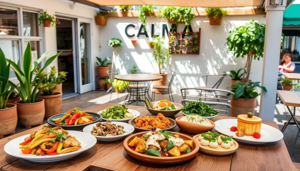 A cozy, sun-drenched outdoor patio with potted plants and vibrant greenery, showcasing the rustic and inviting ambiance of CALMA, a renowned vegetarian and vegan restaurant in Gothenburg. A diverse array of flavorful dishes, including colorful platters of roasted vegetables, creative plant-based entrees, and tempting desserts, are displayed on wooden tables. The scene captures the vibrant and welcoming spirit of Gothenburg's thriving vegetarian and vegan dining scene. A cozy, sun-drenched outdoor patio with potted plants and vibrant greenery, showcasing the rustic and inviting ambiance of CALMA, a renowned vegetarian and vegan restaurant in Gothenburg. A diverse array of flavorful dishes, including colorful platters of roasted vegetables, creative plant-based entrees, and tempting desserts, are displayed on wooden tables. The scene captures the vibrant and welcoming spirit of Gothenburg's thriving vegetarian and vegan dining scene.