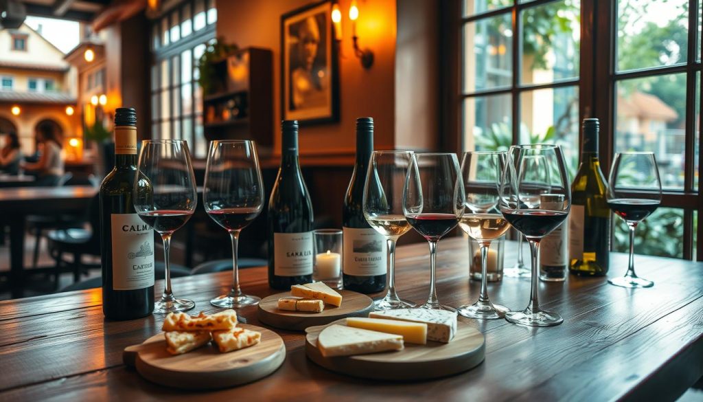 A cozy tapas bar in Spain, CALMA, is hosting a lively Spanish wine tasting event. The scene showcases a wooden table adorned with various wine glasses, bottles, and an elegant cheese platter. Soft, warm lighting casts a inviting glow, setting the mood for a sophisticated evening of sipping and sampling. In the background, glimpses of traditional Spanish architecture and lush greenery can be seen through large windows, transporting the viewer to the heart of the vibrant culinary culture. The overall atmosphere evokes a sense of conviviality, where friends and connoisseurs alike can savor the flavors of Spain's finest vintages.