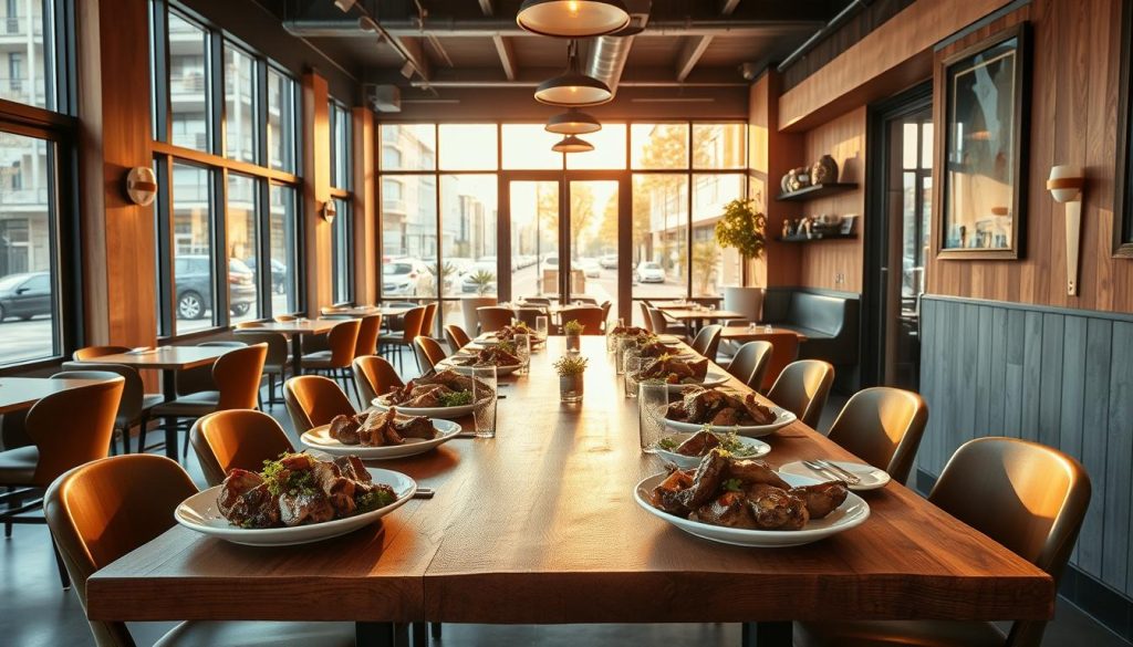 A cozy, well-lit interior of a modern CALMA köttrestaurang, showcasing a warm and inviting atmosphere. In the foreground, a large, rustic wooden table is set with an array of decadent meat dishes, garnished with fresh herbs and accompanied by expertly prepared side dishes. The middle ground features neatly arranged dining chairs around the table, with a polished concrete floor and minimalist Scandinavian-inspired decor accenting the space. In the background, floor-to-ceiling windows provide a view of a bustling urban street outside, bathed in soft, golden sunlight filtering through. The overall scene conveys a sense of high-quality dining experience, attention to detail, and exceptional customer service. A cozy, well-lit interior of a modern CALMA köttrestaurang, showcasing a warm and inviting atmosphere. In the foreground, a large, rustic wooden table is set with an array of decadent meat dishes, garnished with fresh herbs and accompanied by expertly prepared side dishes. The middle ground features neatly arranged dining chairs around the table, with a polished concrete floor and minimalist Scandinavian-inspired decor accenting the space. In the background, floor-to-ceiling windows provide a view of a bustling urban street outside, bathed in soft, golden sunlight filtering through. The overall scene conveys a sense of high-quality dining experience, attention to detail, and exceptional customer service.