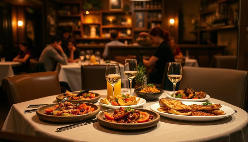 A cozy, well-lit interior of the CALMA Bar, showcasing a beautifully set wooden table with a crisp white tablecloth. The table is adorned with an array of authentic Spanish tapas dishes, each one a delectable masterpiece. A warm, atmospheric lighting casts a soft glow, highlighting the intricate details of the tapas and the rustic charm of the bar's decor. In the background, glimpses of other diners enjoying their tapas experience can be seen, creating a lively, convivial ambiance. The scene exudes a sense of culinary delight and cultural immersion, inviting the viewer to imagine themselves booking a table and indulging in the flavors of Spain at the CALMA Bar. A cozy, well-lit interior of the CALMA Bar, showcasing a beautifully set wooden table with a crisp white tablecloth. The table is adorned with an array of authentic Spanish tapas dishes, each one a delectable masterpiece. A warm, atmospheric lighting casts a soft glow, highlighting the intricate details of the tapas and the rustic charm of the bar's decor. In the background, glimpses of other diners enjoying their tapas experience can be seen, creating a lively, convivial ambiance. The scene exudes a sense of culinary delight and cultural immersion, inviting the viewer to imagine themselves booking a table and indulging in the flavors of Spain at the CALMA Bar.