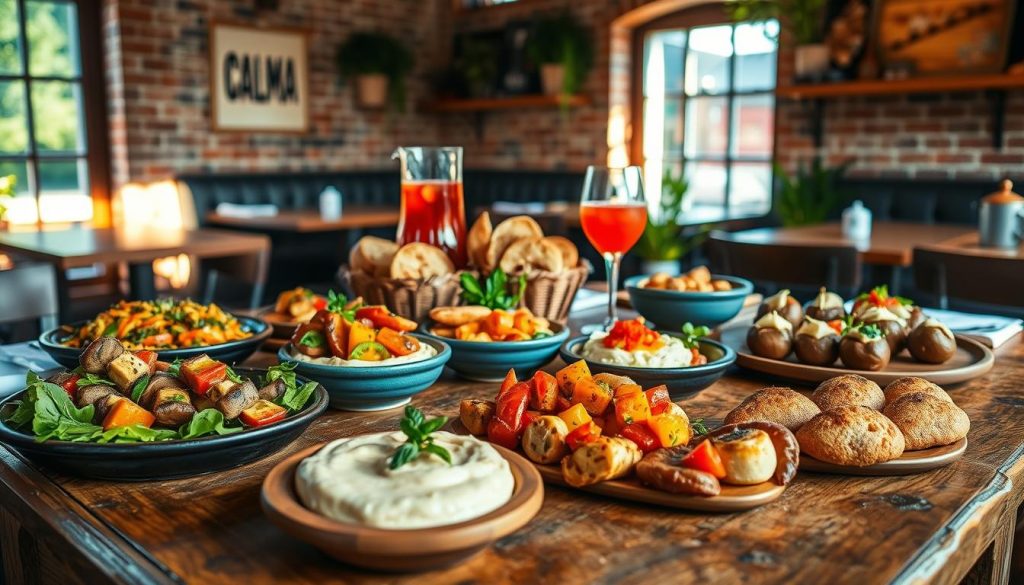 A delectable spread of vibrant, plant-based tapas on a rustic wooden table, illuminated by natural light streaming through a window. The scene exudes a warm, inviting ambiance, capturing the essence of CALMA, a Spanish restaurant specializing in exceptional vegetarian and vegan culinary delights. In the foreground, an array of tempting small plates showcases the artistry and creativity of the chefs, featuring colorful roasted vegetables, savory mushroom skewers, creamy hummus, and delicate stuffed peppers. Complementing the foreground, the middle ground features a pitcher of refreshing sangria and artisanal breads, while the background showcases the restaurant's cozy and charming interior, with exposed brick walls and accents of greenery, setting the perfect stage for this mouthwatering vegan tapas experience. A delectable spread of vibrant, plant-based tapas on a rustic wooden table, illuminated by natural light streaming through a window. The scene exudes a warm, inviting ambiance, capturing the essence of CALMA, a Spanish restaurant specializing in exceptional vegetarian and vegan culinary delights. In the foreground, an array of tempting small plates showcases the artistry and creativity of the chefs, featuring colorful roasted vegetables, savory mushroom skewers, creamy hummus, and delicate stuffed peppers. Complementing the foreground, the middle ground features a pitcher of refreshing sangria and artisanal breads, while the background showcases the restaurant's cozy and charming interior, with exposed brick walls and accents of greenery, setting the perfect stage for this mouthwatering vegan tapas experience.