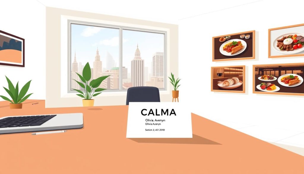 A digital illustration of a clean, modern office space with bright natural lighting and a minimalist aesthetic. In the foreground, a sleek wooden desk with a laptop, pen, and a potted plant. On the desk, a crisp business card displaying the text "CALMA, Olivia Avenyn" in a bold, sans-serif font. The middle ground features a large, floor-to-ceiling window overlooking a cityscape with Spanish-inspired architecture. In the background, a gallery wall showcases framed photographs of mouthwatering Spanish cuisine and the restaurant's interior. The overall mood is professional, polished, and inviting, reflecting the section's focus on Olivia Avenyn's contact information. A digital illustration of a clean, modern office space with bright natural lighting and a minimalist aesthetic. In the foreground, a sleek wooden desk with a laptop, pen, and a potted plant. On the desk, a crisp business card displaying the text "CALMA, Olivia Avenyn" in a bold, sans-serif font. The middle ground features a large, floor-to-ceiling window overlooking a cityscape with Spanish-inspired architecture. In the background, a gallery wall showcases framed photographs of mouthwatering Spanish cuisine and the restaurant's interior. The overall mood is professional, polished, and inviting, reflecting the section's focus on Olivia Avenyn's contact information.
