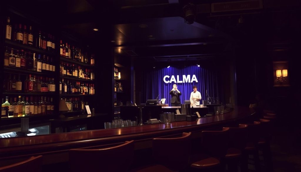 A dimly lit bar interior with subtle lighting casting a warm, inviting glow. Rows of premium liquor bottles line the shelves, their labels prominently displayed. In the foreground, a wooden bar counter with well-worn stools, inviting patrons to relax and enjoy the CALMA experience. Bartenders expertly mixing classic cocktails, their movements graceful and practiced. The scene is completed by a small stage in the background, hinting at the possibility of live music or entertainment to come. An atmosphere of sophistication and relaxation permeates the space, drawing in discerning clientele seeking a memorable bar experience. A dimly lit bar interior with subtle lighting casting a warm, inviting glow. Rows of premium liquor bottles line the shelves, their labels prominently displayed. In the foreground, a wooden bar counter with well-worn stools, inviting patrons to relax and enjoy the CALMA experience. Bartenders expertly mixing classic cocktails, their movements graceful and practiced. The scene is completed by a small stage in the background, hinting at the possibility of live music or entertainment to come. An atmosphere of sophistication and relaxation permeates the space, drawing in discerning clientele seeking a memorable bar experience.