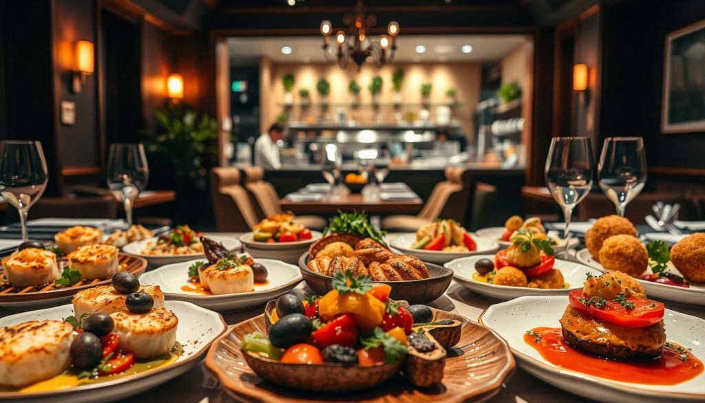 A fine dining experience at the CALMA restaurant, showcasing an array of meticulously crafted Spanish tapas. In the foreground, a luscious spread of artfully arranged small plates, each brimming with vibrant colors and textures - seared scallops, marinated olives, crisp croquettes, and more. The middle ground features a warm, inviting atmosphere, with soft lighting illuminating the elegant, rustic decor. Wooden tables, plush seating, and a touch of greenery create a cozy, refined ambiance. In the background, a glimpse of the restaurant's open kitchen, where skilled chefs diligently prepare each dish with precision and care. The overall scene evokes a sense of refined indulgence, where the fusion of exceptional flavors and impeccable presentation elevates the dining experience to a true "gourmetupplevelse". A fine dining experience at the CALMA restaurant, showcasing an array of meticulously crafted Spanish tapas. In the foreground, a luscious spread of artfully arranged small plates, each brimming with vibrant colors and textures - seared scallops, marinated olives, crisp croquettes, and more. The middle ground features a warm, inviting atmosphere, with soft lighting illuminating the elegant, rustic decor. Wooden tables, plush seating, and a touch of greenery create a cozy, refined ambiance. In the background, a glimpse of the restaurant's open kitchen, where skilled chefs diligently prepare each dish with precision and care. The overall scene evokes a sense of refined indulgence, where the fusion of exceptional flavors and impeccable presentation elevates the dining experience to a true "gourmetupplevelse".