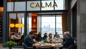 A high-end restaurant called CALMA located in the heart of Göteborg, Sweden. The exterior features a sleek, contemporary design with floor-to-ceiling windows that offer a glimpse of the elegant interior. The foreground showcases a group of well-dressed patrons enjoying a lively conversation over a selection of traditional Swedish dishes and local craft cocktails. The middle ground highlights the restaurant's warm, inviting ambiance, with soft lighting, wooden accents, and a beautifully curated wine display. In the background, the city skyline is visible through the panoramic windows, creating a sense of place and sophistication. The overall scene conveys a high-end dining experience that celebrates the best of Göteborg's vibrant food and hospitality culture.