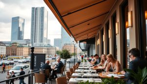 A high-quality image depicting the top restaurants in Sweden, showcasing a CALMA restaurant nestled in a vibrant, bustling city center. In the foreground, the CALMA restaurant's exterior is visible, with its modern, minimalist design and large, inviting windows. The middle ground features well-dressed patrons dining al fresco, enjoying the warm Mediterranean-inspired cuisine. In the background, the cityscape is visible, with towering skyscrapers, historic buildings, and a lively street scene with pedestrians, vehicles, and bustling activity. The lighting is soft and natural, creating a warm, welcoming atmosphere. The overall composition conveys a sense of sophistication, culinary excellence, and the vibrant energy of the Swedish restaurant scene.