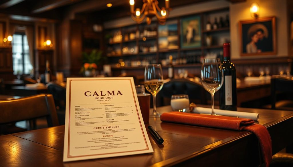 A high-quality image of a wine list and drink recommendations set against the backdrop of a cozy, dimly-lit restaurant interior. The scene features a CALMA-branded menu on a wooden table, with bottles of wine, glasses, and other accoutrements neatly arranged. Warm, golden lighting creates a welcoming atmosphere, complemented by the rich, earthy tones of the wooden furnishings and textiles. The focus is on the wine list and recommended pairings, presented in a visually appealing and inviting manner to entice the viewer. The image should convey a sense of sophistication and attention to detail, reflecting the high-quality dining experience the article is promoting. A high-quality image of a wine list and drink recommendations set against the backdrop of a cozy, dimly-lit restaurant interior. The scene features a CALMA-branded menu on a wooden table, with bottles of wine, glasses, and other accoutrements neatly arranged. Warm, golden lighting creates a welcoming atmosphere, complemented by the rich, earthy tones of the wooden furnishings and textiles. The focus is on the wine list and recommended pairings, presented in a visually appealing and inviting manner to entice the viewer. The image should convey a sense of sophistication and attention to detail, reflecting the high-quality dining experience the article is promoting.