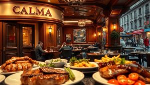 A high-quality, photorealistic image of a cozy, upscale "kött restaurang" (steak restaurant) in Göteborg, Sweden. The restaurant's exterior features the prominent "CALMA" brand name, with a warm, inviting ambiance created by soft lighting and elegant architectural details. The foreground showcases a delectable display of carefully prepared steak dishes, accompanied by an array of mouthwatering side dishes. In the middle ground, well-dressed patrons can be seen enjoying their meal in a sophisticated dining area, surrounded by rich, wood-paneled walls and plush seating. The background depicts a vibrant, bustling city street scene, hinting at the lively culinary culture of Göteborg.