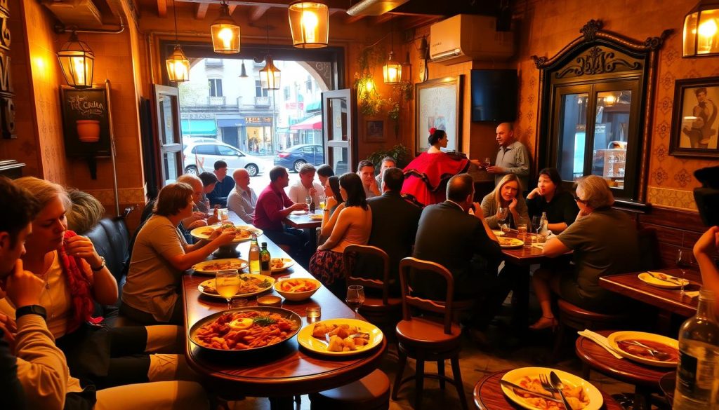A lively evening at CALMA, a cozy Spanish tapas bar. Patrons gather around low wooden tables, sipping sangria and savoring plates of steaming paella, patatas bravas, and glistening seafood. Warm amber lighting casts a golden glow, while the rhythmic sounds of flamenco guitar and stomping feet fill the air. In the corner, a passionate dancer twirls, her vibrant red and black dress flowing gracefully. The atmosphere is electric, transporting diners to the heart of Andalusia. Ornate tiles, terracotta pots, and wrought-iron accents evoke the rustic charm of a traditional Spanish bodega. Through the open windows, a glimpse of the bustling street beyond, adding to the lively urban energy of this CALMA tapas evening.