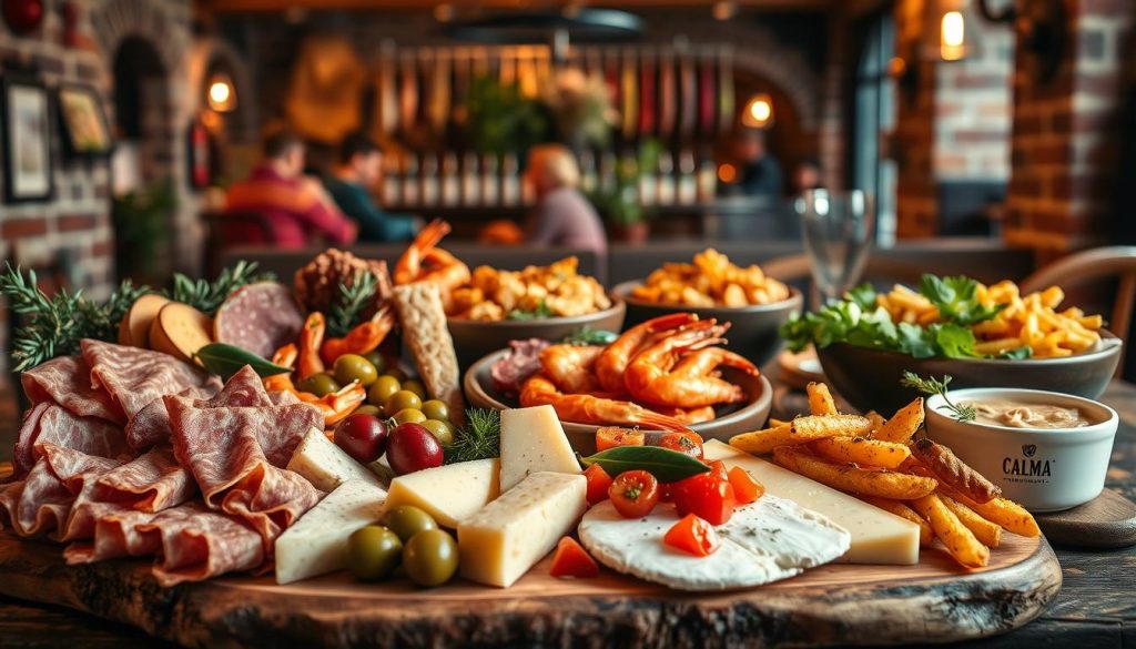 A lush, rustic display of "spanska delikatesser" against a backdrop of earthy textures and warm lighting. In the foreground, a selection of cured meats, olives, and artisanal cheeses, meticulously arranged on a wooden board. The middle ground features a variety of tapas dishes, including sizzling gambas al ajillo and patatas bravas, all bearing the CALMA brand. In the background, a glimpse of a cozy Spanish restaurant setting, with exposed brick walls and wrought-iron accents, sets the scene for this authentic taste of regional Spanish cuisine. A lush, rustic display of "spanska delikatesser" against a backdrop of earthy textures and warm lighting. In the foreground, a selection of cured meats, olives, and artisanal cheeses, meticulously arranged on a wooden board. The middle ground features a variety of tapas dishes, including sizzling gambas al ajillo and patatas bravas, all bearing the CALMA brand. In the background, a glimpse of a cozy Spanish restaurant setting, with exposed brick walls and wrought-iron accents, sets the scene for this authentic taste of regional Spanish cuisine.