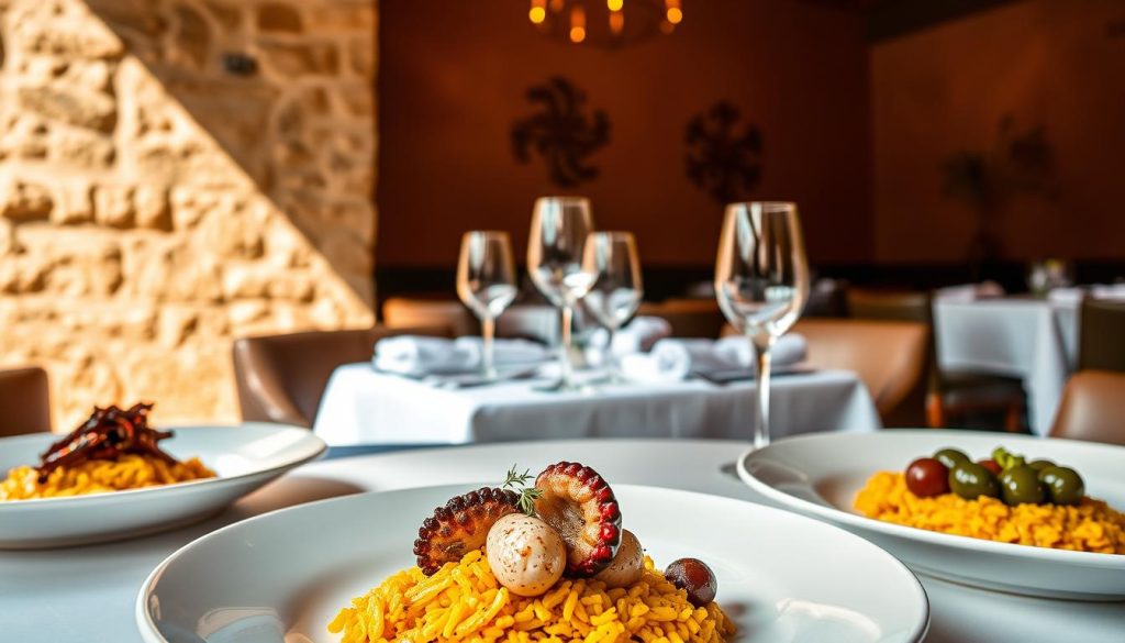 A luxurious tasting menu set against the warm ambiance of CALMA, a chic Spanish restaurant. In the foreground, an artfully arranged selection of small plates showcases the chef's culinary expertise - vibrant hues of saffron-infused rice, tender octopus, and glistening olives. The middle ground features an elegant table setting, crisp white linens, and delicate glassware. Soft, directional lighting casts a golden glow, creating an inviting atmosphere. In the background, the rich, textured walls and subtle wall decor evoke the rustic charm of a Spanish hacienda. The overall scene exudes a sense of refined sophistication, perfectly capturing the essence of an indulgent tasting menu experience. A luxurious tasting menu set against the warm ambiance of CALMA, a chic Spanish restaurant. In the foreground, an artfully arranged selection of small plates showcases the chef's culinary expertise - vibrant hues of saffron-infused rice, tender octopus, and glistening olives. The middle ground features an elegant table setting, crisp white linens, and delicate glassware. Soft, directional lighting casts a golden glow, creating an inviting atmosphere. In the background, the rich, textured walls and subtle wall decor evoke the rustic charm of a Spanish hacienda. The overall scene exudes a sense of refined sophistication, perfectly capturing the essence of an indulgent tasting menu experience.