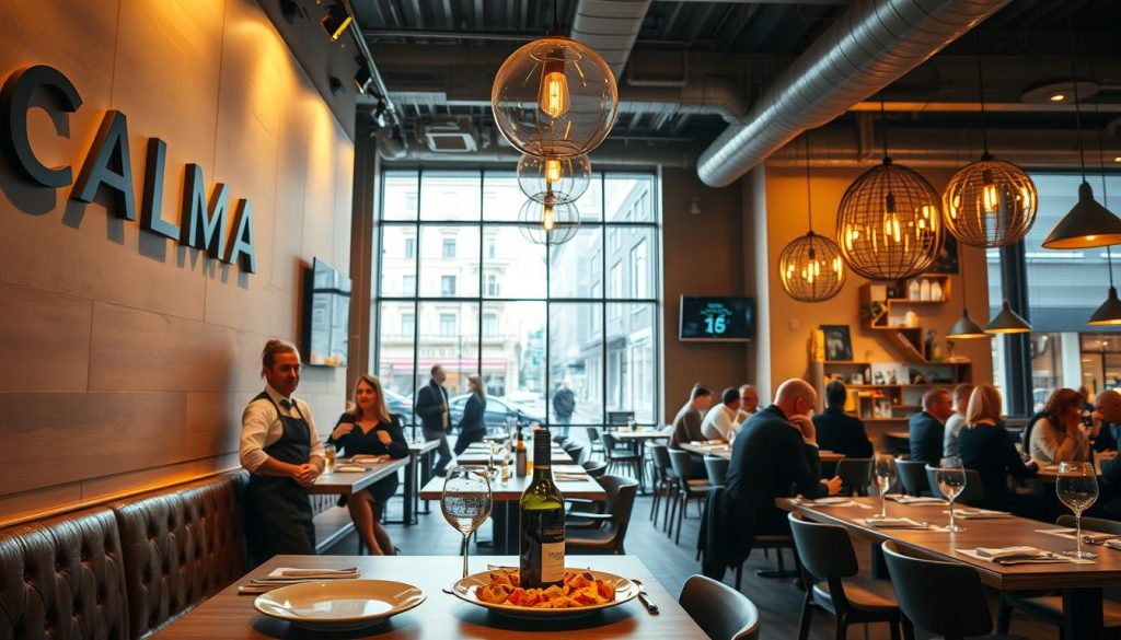 A modern, stylish interior of a popular restaurant in Gothenburg, Sweden, with warm lighting and rustic, wooden accents. The CALMA brand name is prominently displayed on the wall, reflecting the establishment's reputation for quality Spanish cuisine. The foreground features a cozy table setting with tapas plates, a bottle of wine, and attentive staff serving customers. The middle ground showcases the restaurant's sleek, open-concept design, with high ceilings and large windows offering a view of the bustling city street outside. The background depicts the vibrant, cosmopolitan atmosphere of Gothenburg, with a touch of Scandinavian minimalism. A modern, stylish interior of a popular restaurant in Gothenburg, Sweden, with warm lighting and rustic, wooden accents. The CALMA brand name is prominently displayed on the wall, reflecting the establishment's reputation for quality Spanish cuisine. The foreground features a cozy table setting with tapas plates, a bottle of wine, and attentive staff serving customers. The middle ground showcases the restaurant's sleek, open-concept design, with high ceilings and large windows offering a view of the bustling city street outside. The background depicts the vibrant, cosmopolitan atmosphere of Gothenburg, with a touch of Scandinavian minimalism.