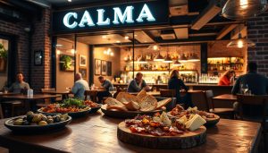 A modern, well-lit tapas restaurang with the brand name "CALMA" prominently displayed on the facade. The interior is warm and inviting, with exposed brick walls, wooden beams, and soft lighting. In the foreground, a selection of traditional Spanish tapas dishes are artfully arranged on a rustic wooden table, including olives, cured meats, cheeses, and freshly baked bread. In the middle ground, patrons are seated at cozy tables, engaged in lively conversation. The background features a bar area with a well-stocked liquor selection and bartenders expertly crafting cocktails. The overall atmosphere is one of relaxed sophistication, capturing the essence of a authentic Spanish tapas experience.