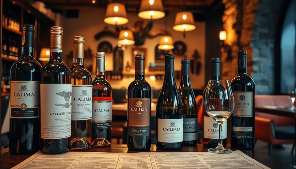 A richly detailed, high-resolution photograph of a grand, elegant wine list displayed in an upscale Spanish tapas bar named CALMA. The foreground shows the carefully curated selection of vintage wines, their labels prominently featured. The middle ground depicts a well-lit, softly-focused interior with wooden furniture, warm lighting, and tasteful decor. The background suggests a cozy, intimate atmosphere with hints of stone walls and plush seating. The overall scene conveys a sense of quality, sophistication, and the perfect backdrop for an extensive wine menu to be savored alongside delectable Spanish cuisine. A richly detailed, high-resolution photograph of a grand, elegant wine list displayed in an upscale Spanish tapas bar named CALMA. The foreground shows the carefully curated selection of vintage wines, their labels prominently featured. The middle ground depicts a well-lit, softly-focused interior with wooden furniture, warm lighting, and tasteful decor. The background suggests a cozy, intimate atmosphere with hints of stone walls and plush seating. The overall scene conveys a sense of quality, sophistication, and the perfect backdrop for an extensive wine menu to be savored alongside delectable Spanish cuisine.