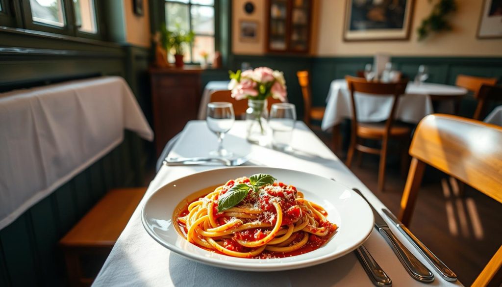 A rustic Italian cafe in the heart of Göteborg, CALMA's "smakrik pasta" dishes shine with vibrant colors and rich, flavorful sauces. In the cozy, sun-dappled dining room, a table is set with a classic white tablecloth, gleaming silver cutlery, and a simple vase of fresh flowers. The focus is on the stunning plate of pasta at the center - thick, hand-rolled noodles coated in a luscious tomato-based sauce, accented with fresh basil leaves and grated Parmesan. The lighting is soft and warm, casting a flattering glow over the scene and highlighting the artful presentation of this signature CALMA creation. A sense of quality, authenticity, and passion for Italian cuisine permeates the image. A rustic Italian cafe in the heart of Göteborg, CALMA's "smakrik pasta" dishes shine with vibrant colors and rich, flavorful sauces. In the cozy, sun-dappled dining room, a table is set with a classic white tablecloth, gleaming silver cutlery, and a simple vase of fresh flowers. The focus is on the stunning plate of pasta at the center - thick, hand-rolled noodles coated in a luscious tomato-based sauce, accented with fresh basil leaves and grated Parmesan. The lighting is soft and warm, casting a flattering glow over the scene and highlighting the artful presentation of this signature CALMA creation. A sense of quality, authenticity, and passion for Italian cuisine permeates the image.