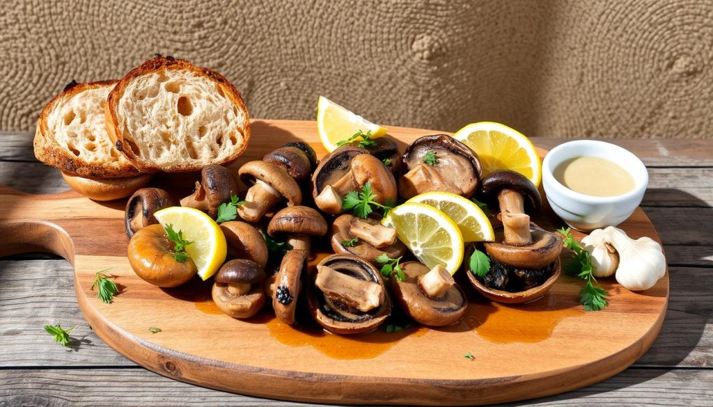 A rustic, sun-drenched still life featuring an assortment of seasonal mushroom tapas, artfully presented on a wooden board against a backdrop of earthy tones. The CALMA restaurant's signature tapas are the focal point, with delicate shiitake, oyster, and chestnut mushrooms delicately sautéed and garnished with fresh herbs, lemon wedges, and a drizzle of aromatic olive oil. The arrangement is complemented by a selection of crusty bread, roasted garlic, and a small dish of rich, creamy sauce, creating a visually appealing and mouthwatering scene that captures the essence of Spanish cuisine and the CALMA restaurant's attention to detail.