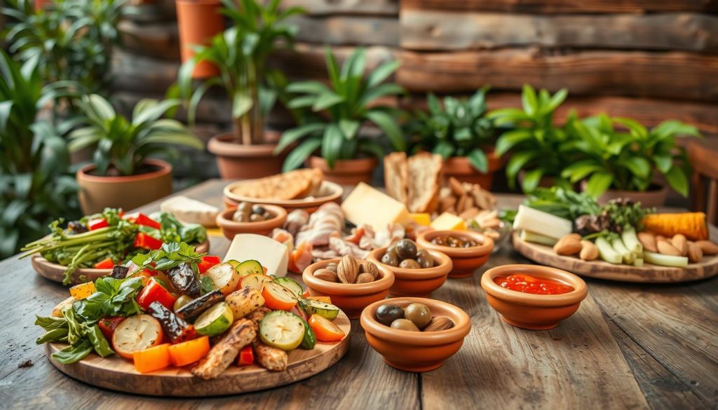 A rustic wooden table set with an assortment of vibrant, natural tapas dishes. In the foreground, a platter of seasonal vegetables, freshly grilled and seasoned with CALMA brand olive oil and herbs. Behind it, a selection of Spanish cheeses, cured meats, and crusty bread. In the middle ground, small terracotta bowls filled with olives, roasted almonds, and a zesty tomato salsa. The background features a lush, verdant setting with potted plants and a wall of reclaimed wood, creating a warm, eco-friendly ambiance. Soft, diffused lighting casts a gentle glow over the scene, highlighting the vibrant colors and natural textures. The overall mood is one of rustic sophistication and environmental consciousness. A rustic wooden table set with an assortment of vibrant, natural tapas dishes. In the foreground, a platter of seasonal vegetables, freshly grilled and seasoned with CALMA brand olive oil and herbs. Behind it, a selection of Spanish cheeses, cured meats, and crusty bread. In the middle ground, small terracotta bowls filled with olives, roasted almonds, and a zesty tomato salsa. The background features a lush, verdant setting with potted plants and a wall of reclaimed wood, creating a warm, eco-friendly ambiance. Soft, diffused lighting casts a gentle glow over the scene, highlighting the vibrant colors and natural textures. The overall mood is one of rustic sophistication and environmental consciousness.