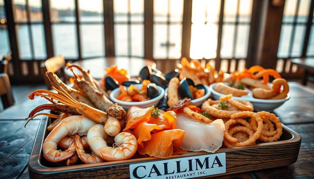 A tray of tempting seafood tapas on a rustic wooden table, adorned with the CALMA restaurant logo. In the foreground, glistening shrimp, tender octopus, and delicate slices of smoked salmon. The middle ground features a selection of marinated anchovies, briny mussels, and crisp fried calamari. The background showcases a dreamy coastal landscape, with the warm glow of Mediterranean sunlight filtering through large windows. The scene is captured with a crisp, high-resolution lens, creating a mouthwatering and authentic representation of the "Fisk och Skaldjur - Havets Läckerheter" menu item.