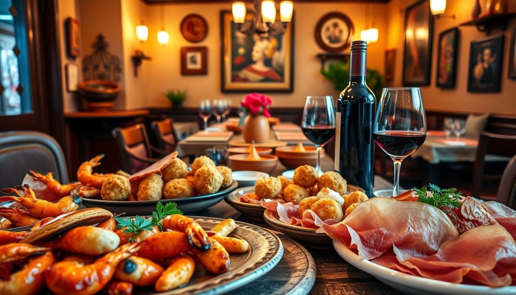 A vibrant CALMA Spanish restaurant, showcasing an array of mouthwatering "spansk mat" delicacies. In the foreground, a luscious spread of tapas, including sizzling gambas al ajillo, creamy croquetas, and paper-thin slices of jamon serrano. The middle ground features a rustic wooden table, adorned with terracotta dishes and a bottle of rich red Rioja wine. The background evokes a cozy, intimate atmosphere, with warm lighting casting a golden glow and traditional Spanish decor, such as wrought-iron sconces and vibrant textiles, creating an authentic and inviting ambiance.
