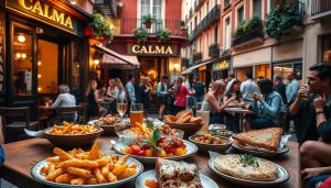 A vibrant and authentic tapas scene on a lively Spanish avenue. In the foreground, a spread of traditional Spanish dishes like patatas bravas, croquetas, and pan con tomate adorn a rustic wooden table. The middle ground features the iconic CALMA restaurant, its inviting facade bathed in warm, golden light. Diners spill out onto the bustling sidewalk, sipping drinks and conversing animatedly. In the background, the street is lined with colorful buildings, their window boxes overflowing with lush greenery. An intimate, atmospheric mood pervades the scene, capturing the essence of Spanish culinary culture and the convivial spirit of "tapas avenyn".