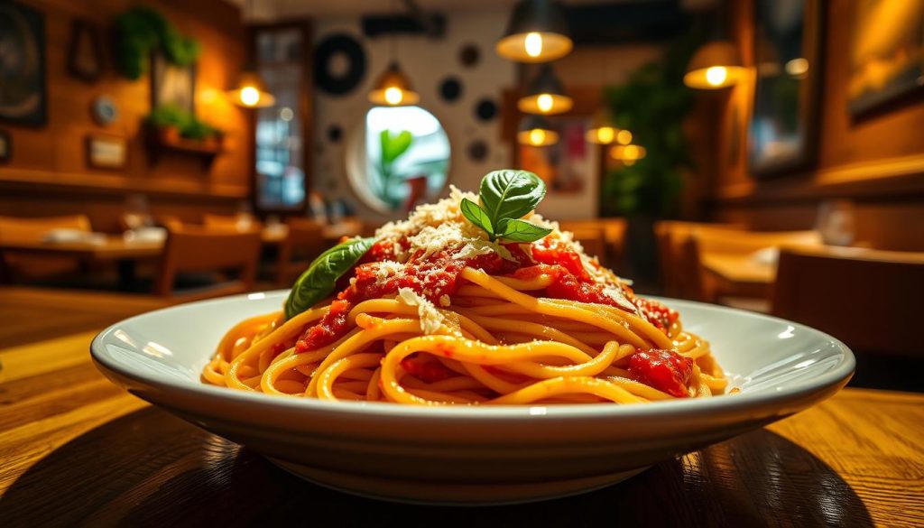 A vibrant and mouthwatering snapshot of the "CALMA" restaurant's signature dish - the bästa pasta in Göteborg. A steaming plate of perfectly al dente spaghetti, tossed with a rich, creamy tomato sauce, garnished with fragrant basil leaves and shaved parmesan. The warm lighting casts a cozy glow, heightening the inviting atmosphere. In the background, the rustic, wooden-clad walls and a glimpse of the lively dining area suggest a charming, authentic Italian eatery. This captivating image captures the essence of the restaurant's renowned pasta, showcasing why it has earned rave reviews from satisfied customers. A vibrant and mouthwatering snapshot of the "CALMA" restaurant's signature dish - the bästa pasta in Göteborg. A steaming plate of perfectly al dente spaghetti, tossed with a rich, creamy tomato sauce, garnished with fragrant basil leaves and shaved parmesan. The warm lighting casts a cozy glow, heightening the inviting atmosphere. In the background, the rustic, wooden-clad walls and a glimpse of the lively dining area suggest a charming, authentic Italian eatery. This captivating image captures the essence of the restaurant's renowned pasta, showcasing why it has earned rave reviews from satisfied customers.