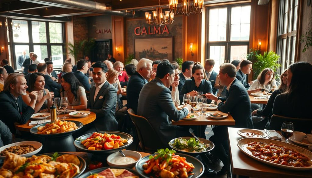 A vibrant, bustling CALMA restaurant scene without reservations, capturing the dynamic atmosphere of a drop-in dining experience. In the foreground, an array of delectable Spanish tapas and dishes adorn the tables, their colors and textures inviting the eye. A middle ground filled with well-dressed patrons engaged in lively conversation, their expressions conveying a sense of spontaneity and conviviality. The background features a warm, softly lit interior, with wooden accents and a touch of rustic charm, creating an inviting and welcoming ambiance. Natural lighting filters through large windows, casting a gentle glow over the scene and highlighting the vibrant energy of the gathering. An overall impression of a casual, yet sophisticated dining experience, where guests can indulge in the flavors of Spain without the need for reservations.