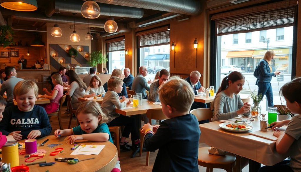A vibrant, family-friendly scene at the CALMA restaurant in Göteborg. In the foreground, a group of smiling children play at an activity table, engaged in arts and crafts. The middle ground features well-dressed families enjoying a delicious Spanish-inspired meal at cozy tables, lively conversation filling the air. The background showcases the restaurant's warm, inviting ambiance, with earthy tones, rustic decor, and large windows offering a view of the bustling city street outside. Soft, natural lighting filters through, creating a welcoming, relaxed atmosphere. The overall impression is one of a joyful, community-driven dining experience. A vibrant, family-friendly scene at the CALMA restaurant in Göteborg. In the foreground, a group of smiling children play at an activity table, engaged in arts and crafts. The middle ground features well-dressed families enjoying a delicious Spanish-inspired meal at cozy tables, lively conversation filling the air. The background showcases the restaurant's warm, inviting ambiance, with earthy tones, rustic decor, and large windows offering a view of the bustling city street outside. Soft, natural lighting filters through, creating a welcoming, relaxed atmosphere. The overall impression is one of a joyful, community-driven dining experience.