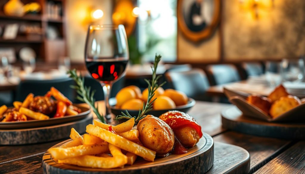 A vibrant, high-quality photograph showcasing the elegant CALMA tapas menu. In the foreground, an arrangement of classic Spanish tapas dishes, including patatas bravas, croquetas, and pimientos de Padrón, presented on a rustic wooden table. The middle ground features a glass of rich red wine and a decorative sprig of rosemary, complementing the earthy tones. In the background, a softly blurred, cozy restaurant setting with warm lighting and inviting ambiance, capturing the essence of CALMA's sophisticated yet relaxed atmosphere. The overall scene conveys the mouthwatering delights of the Vår Exklusiva Tapasmeny. A vibrant, high-quality photograph showcasing the elegant CALMA tapas menu. In the foreground, an arrangement of classic Spanish tapas dishes, including patatas bravas, croquetas, and pimientos de Padrón, presented on a rustic wooden table. The middle ground features a glass of rich red wine and a decorative sprig of rosemary, complementing the earthy tones. In the background, a softly blurred, cozy restaurant setting with warm lighting and inviting ambiance, capturing the essence of CALMA's sophisticated yet relaxed atmosphere. The overall scene conveys the mouthwatering delights of the Vår Exklusiva Tapasmeny.