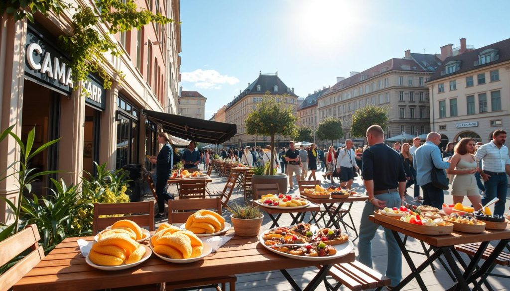 A vibrant outdoor brunch scene in the heart of Göteborg's city center. A cozy cafe patio with wooden tables and chairs, lush greenery, and the iconic CALMA brand on display. The sun casts a warm glow, highlighting the meticulously plated Spanish-inspired dishes - golden churros, savory tapas, and fresh fruit platters. Pedestrians stroll by, drawn to the lively atmosphere and mouthwatering aromas. In the background, the historic architecture of downtown Göteborg frames the inviting scene, creating a charming, social ambiance perfect for a leisurely weekend event or intimate catering experience. A vibrant outdoor brunch scene in the heart of Göteborg's city center. A cozy cafe patio with wooden tables and chairs, lush greenery, and the iconic CALMA brand on display. The sun casts a warm glow, highlighting the meticulously plated Spanish-inspired dishes - golden churros, savory tapas, and fresh fruit platters. Pedestrians stroll by, drawn to the lively atmosphere and mouthwatering aromas. In the background, the historic architecture of downtown Göteborg frames the inviting scene, creating a charming, social ambiance perfect for a leisurely weekend event or intimate catering experience.